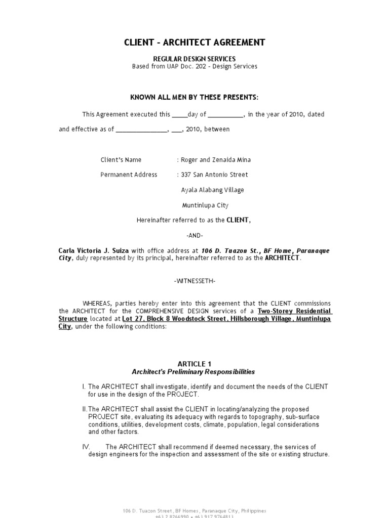 Client Architect Agreement Regular Design Services 2010 02 08 Architect Specification Technical Standard