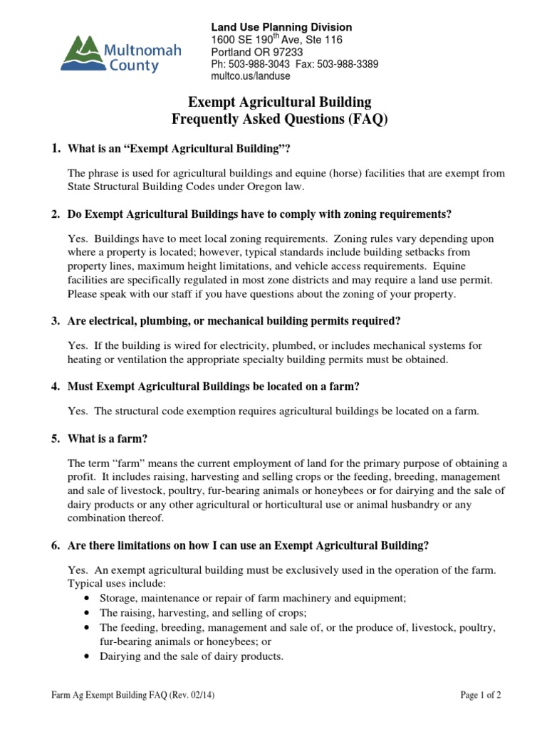 Exempt Agricultural Building Frequently Asked Questions Faq Pdf