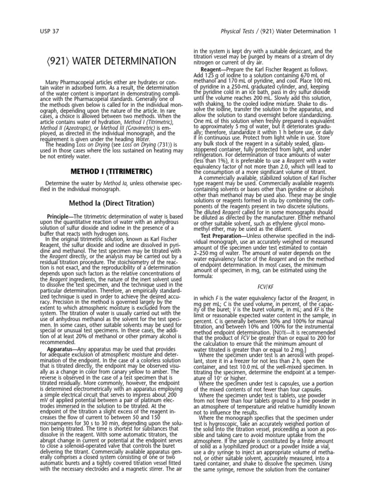 921 Water Determination: Method I (Titrimetric) | PDF | Titration ...