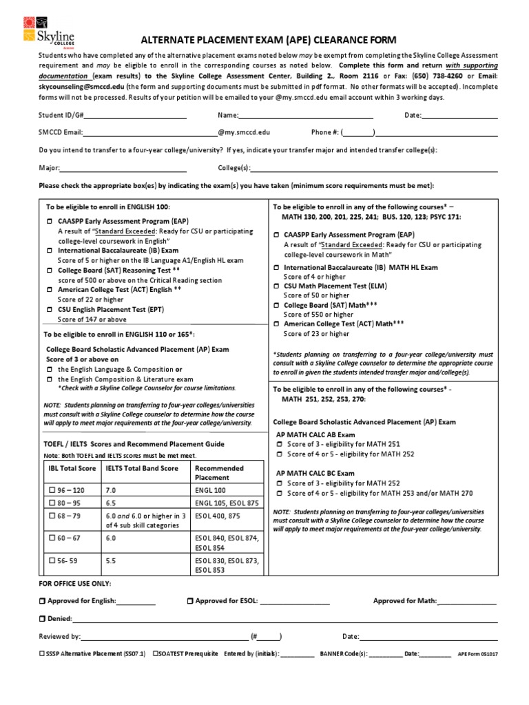 Alternate Placement Exam (Ape) Clearance Form | PDF | Advanced ...