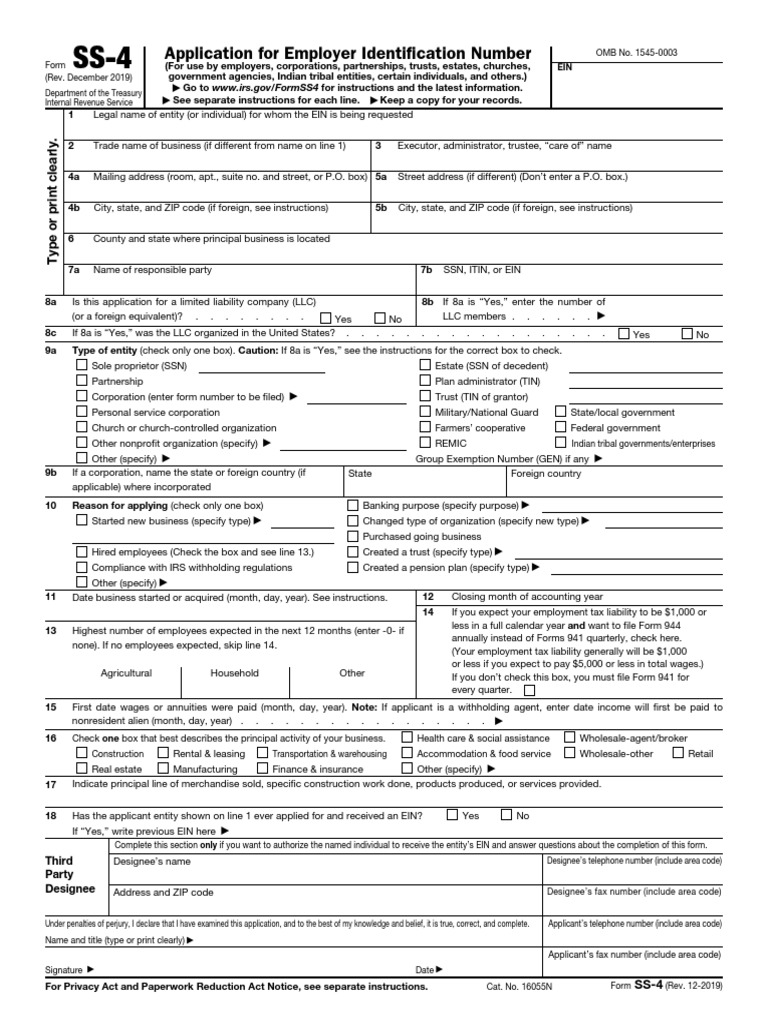 Application For Employer Identification Number Third Party Designee