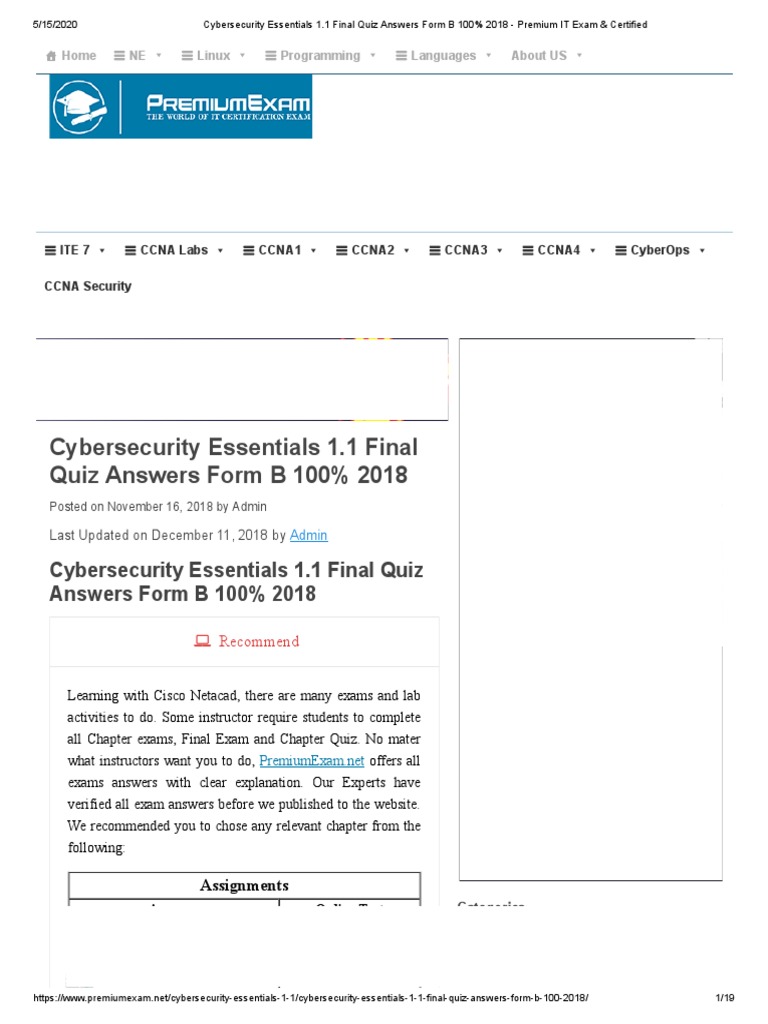 Cybersecurity Essentials Final Quiz Answers - Verified Academic Solutions