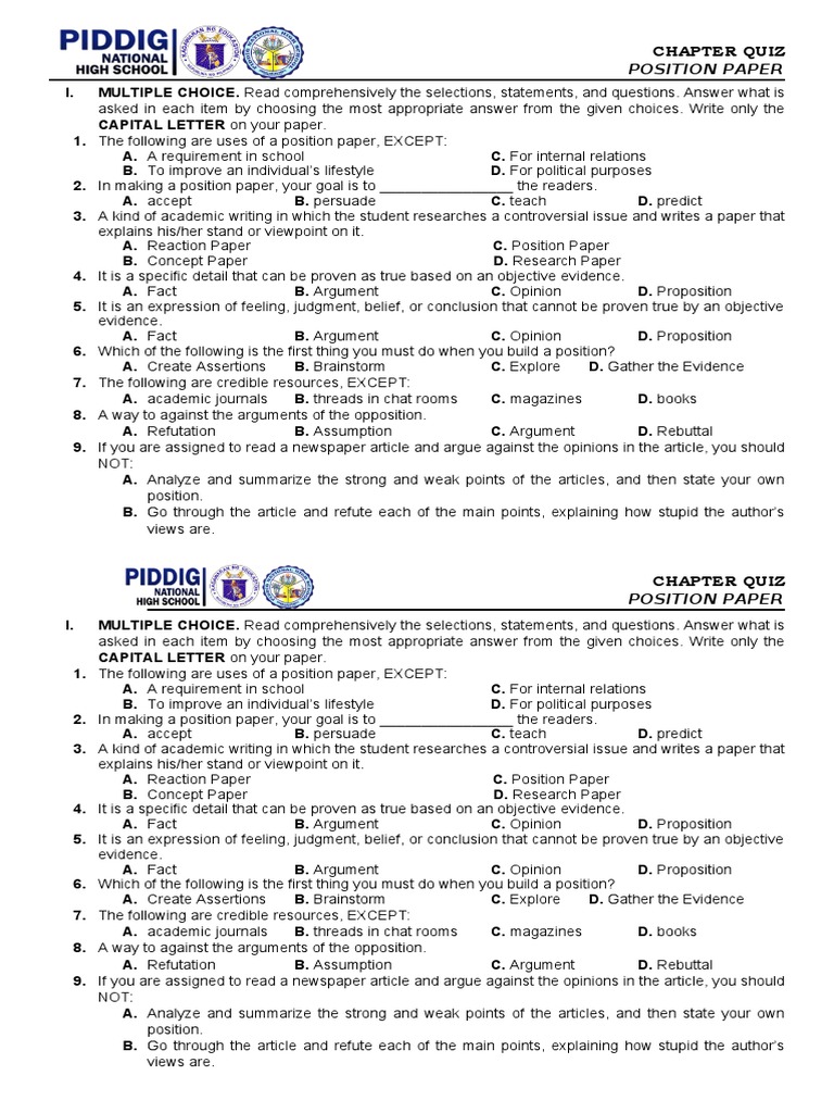 Grade 11 Position Paper Quiz | PDF | Argument | Evidence