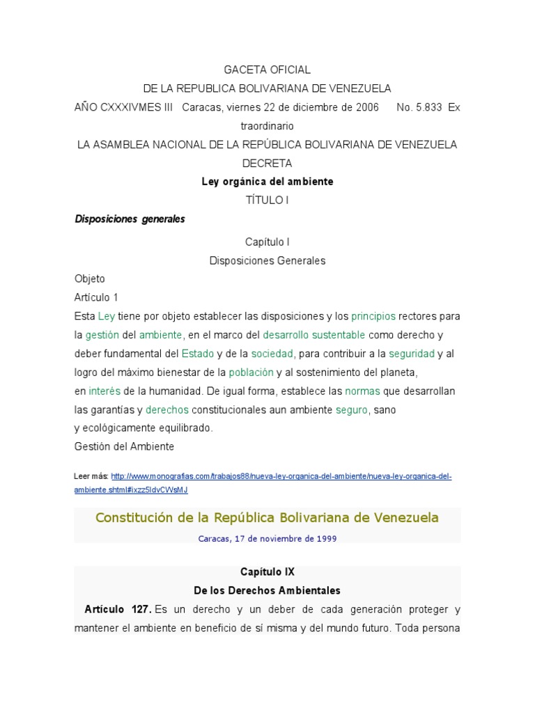 Art 1 Ley Ambiente y 127-128 - 129 de La C.N.B. de Venezuela (Vigente ...