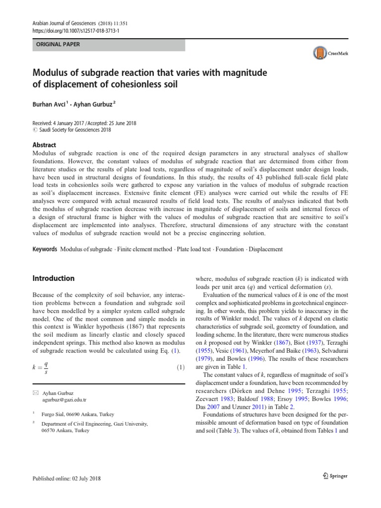 Modulus of Subgrade Reaction That Varies With Magnitude of Displacement ...