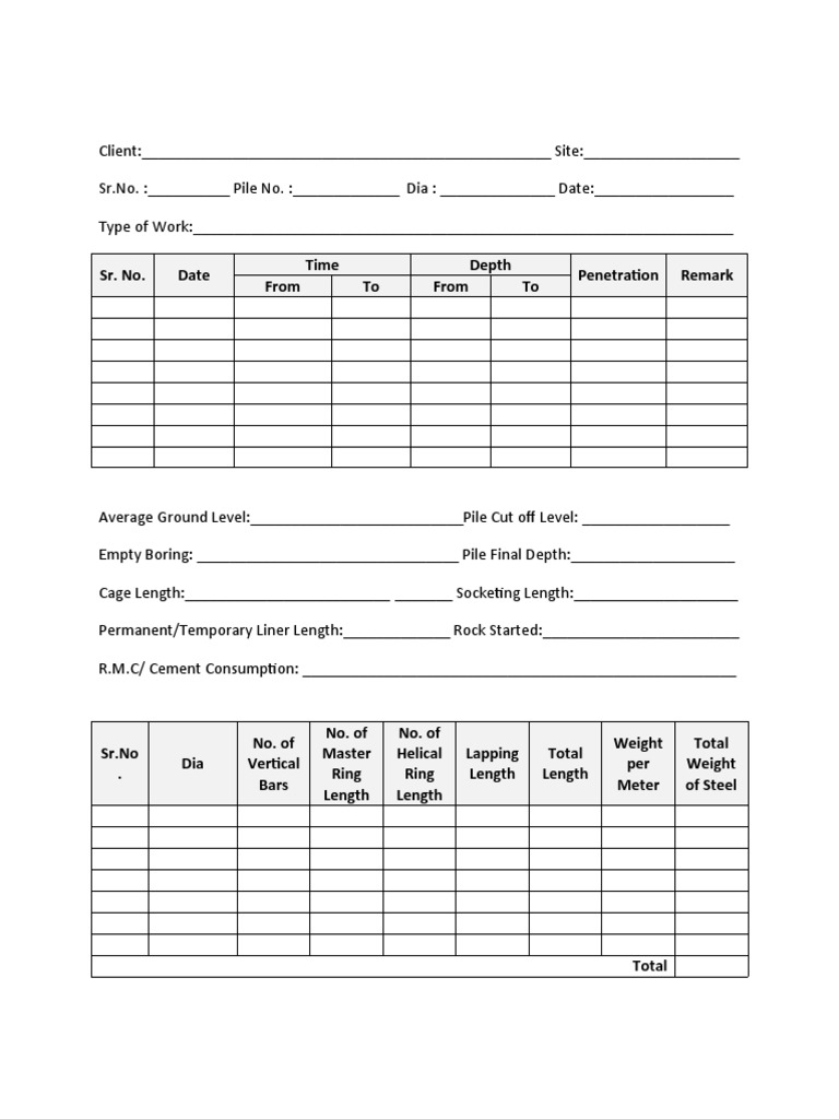 Pile Bore Log Sheet Template | PDF
