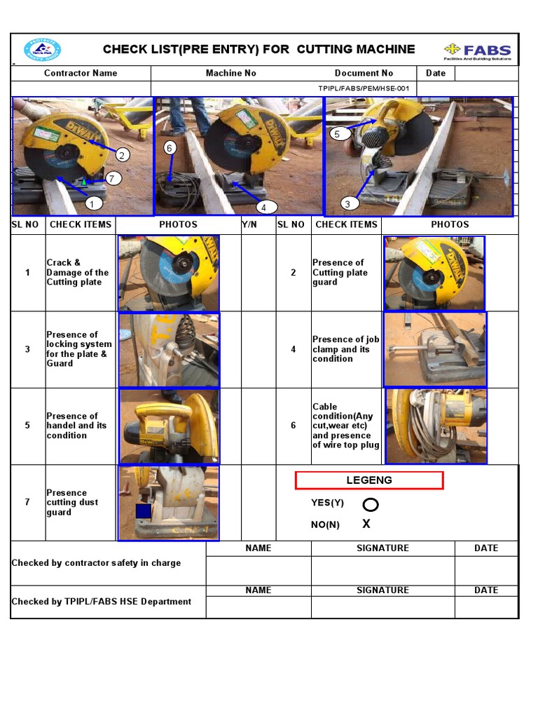 Cutting Machine Pre-Entry Checklist | PDF