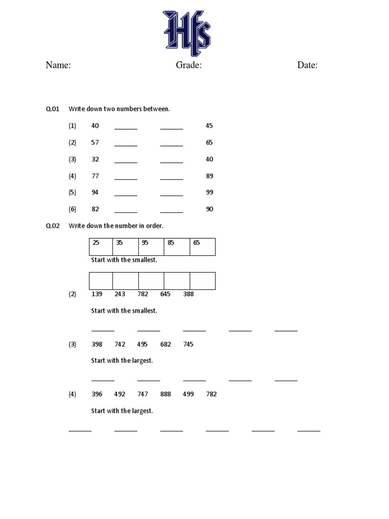 Number Ordering and Range Exercises | PDF
