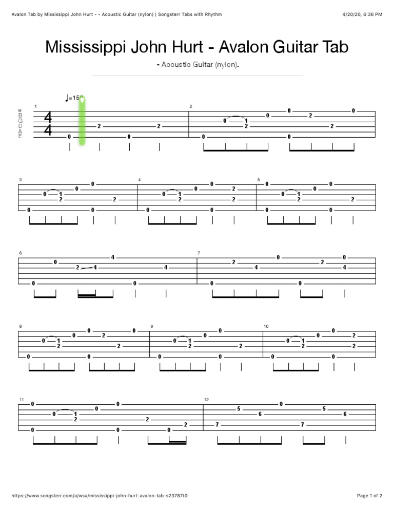 Avalon Tab by Mississippi John Hurt Acoustic Guitar (Nylon