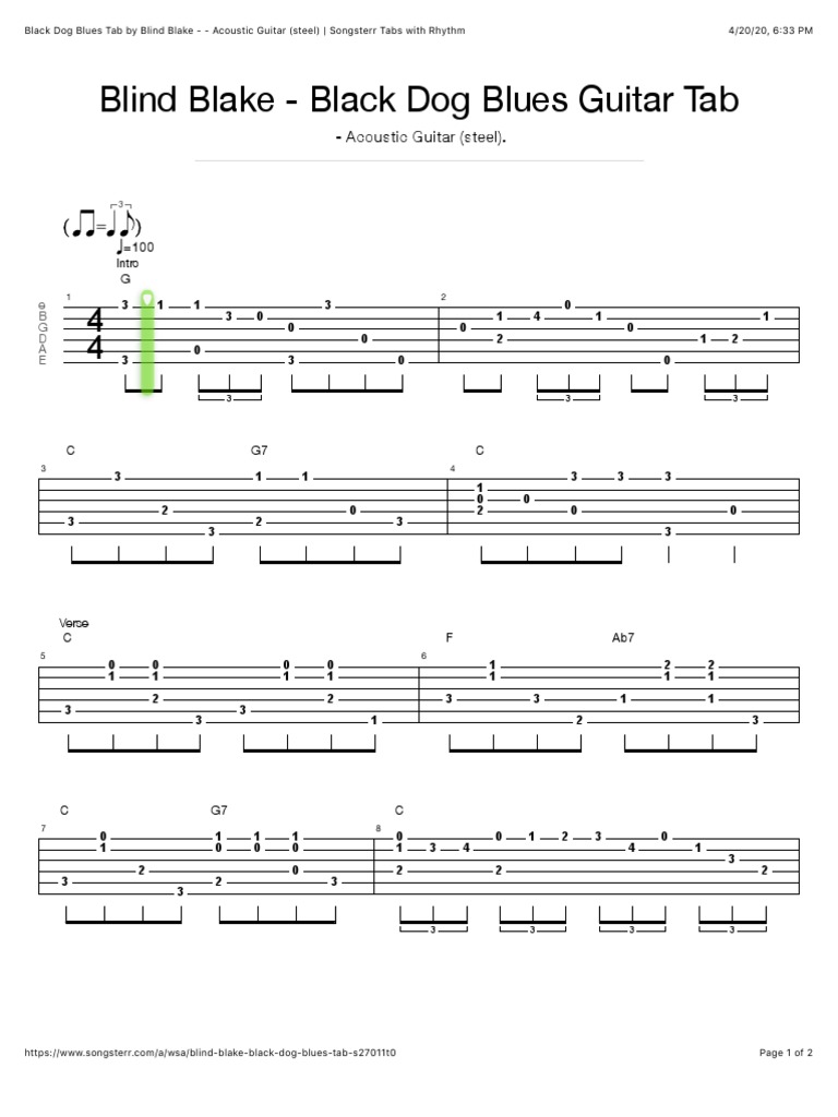 Black Dog Blues Tab by Blind Blake Acoustic Guitar (Steel) Songsterr Tabs With Rhythm PDF