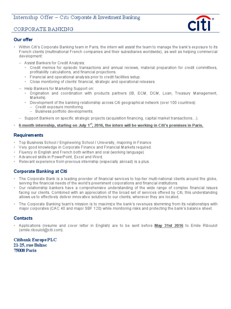 Citi Corporate & Investment Banking Internship Offer Assisting the