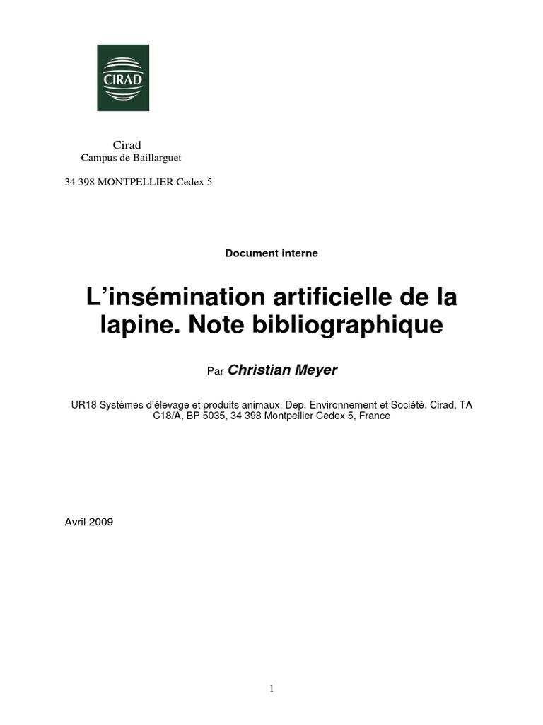 L'insémination Artificielle De Lapin | Pdf | Utérus | Sperme