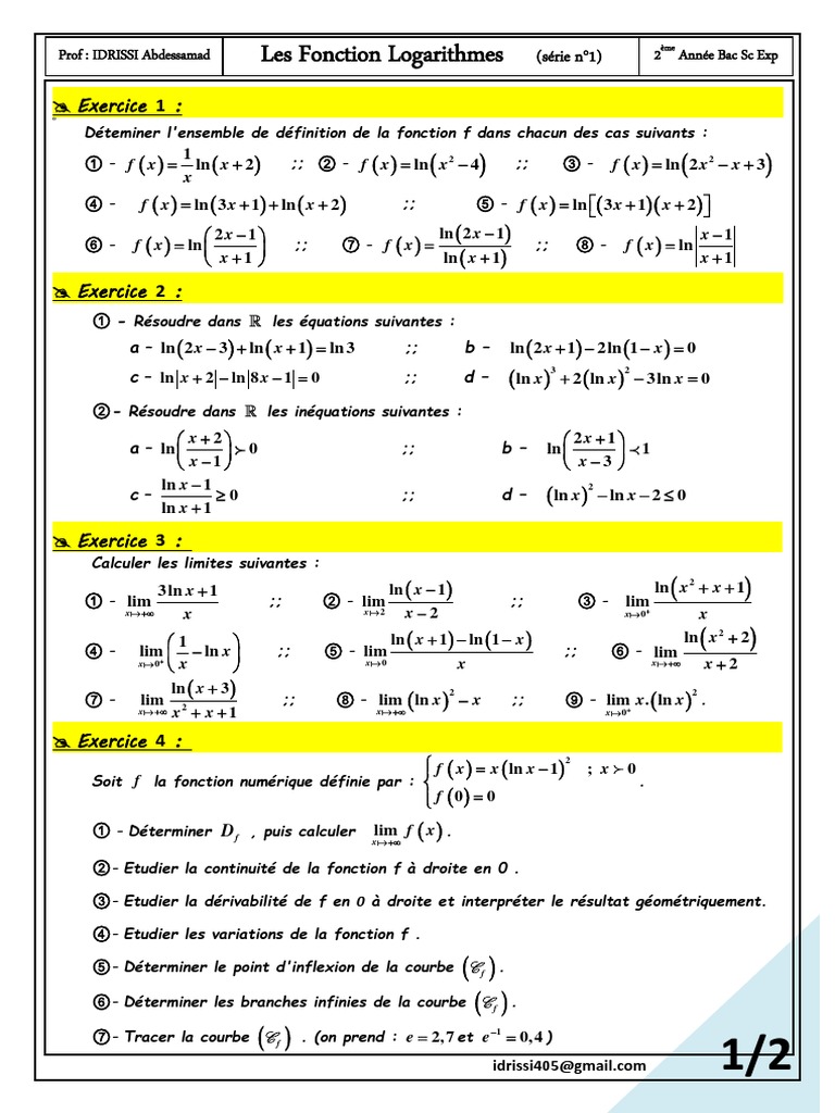 Etude De Fonction Logarithme Exercice Corrigé Pdf Math 2bac Log | PDF | Fonction (Mathématiques) | Courbe