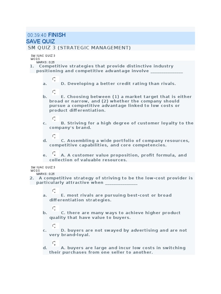 Quiz 3 Competitive Advantage Strategic Management