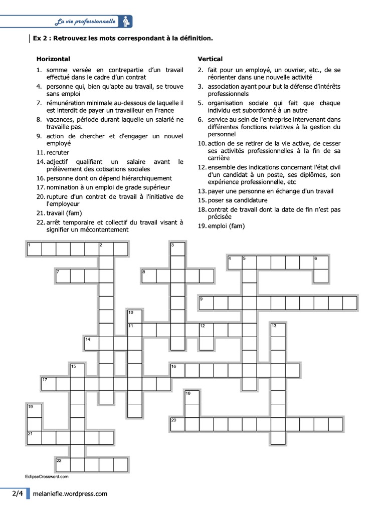 Vocabulaire-Fle-Travail-Carriere Mot Croisés | PDF