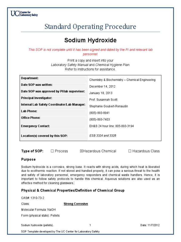 Standard Operating Procedure Sodium Hydroxide PDF Sodium Hydroxide