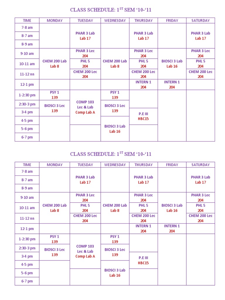 1st Semester Class Schedule 2010-2011 | PDF