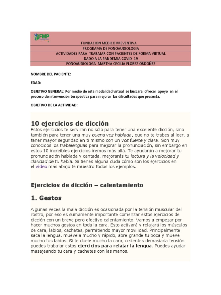 10 Ejercicios para Mejorar la Dicción | PDF | Patología del habla y ...