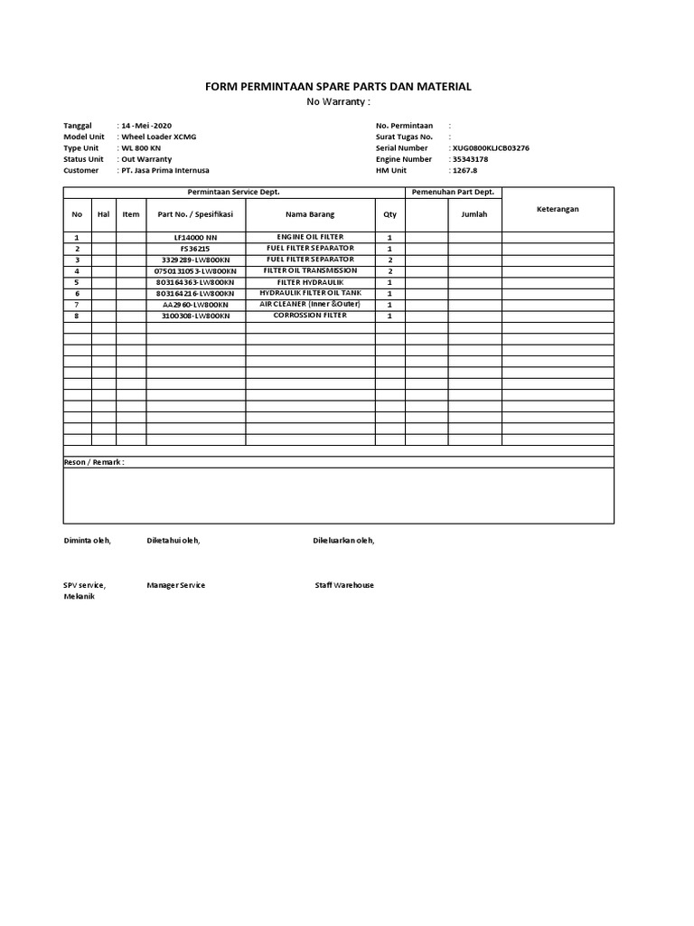 Spare Parts Request for Wheel Loader | PDF