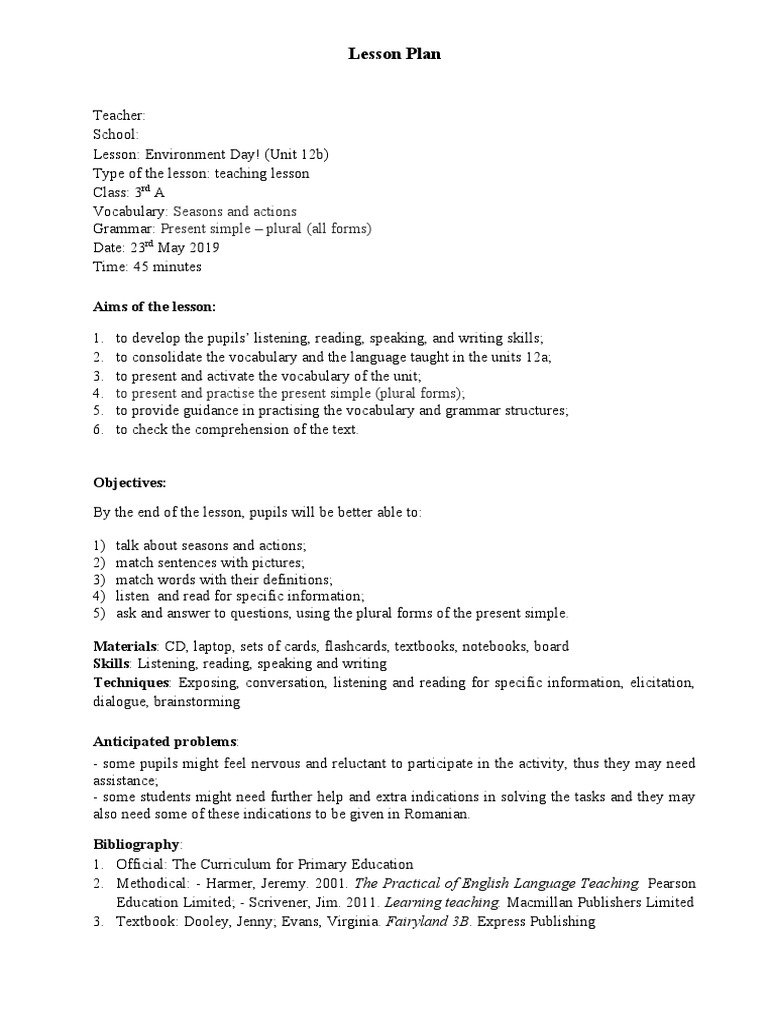 LESSON PLAN - Grade 3, 12B - Environment Day! - Teaching Lesson | PDF ...