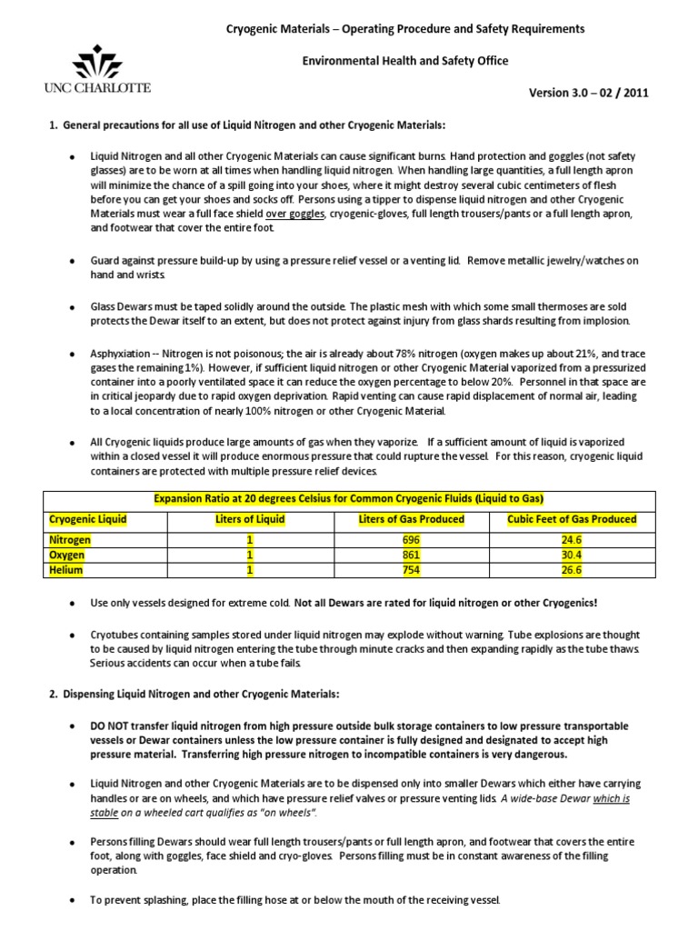 Liquid Nitrogen Procedure Download Free PDF Cryogenics Nitrogen