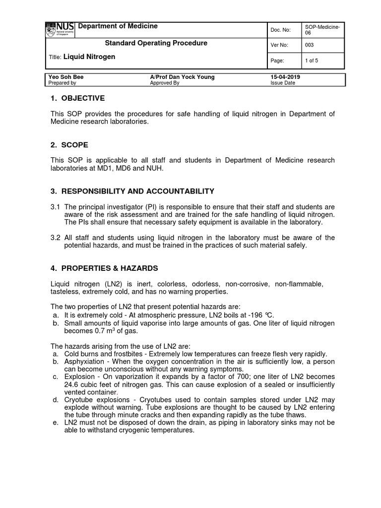 SOP Medicine 06v3 Liquid Nitrogen PDF Cryogenics Chemical Process