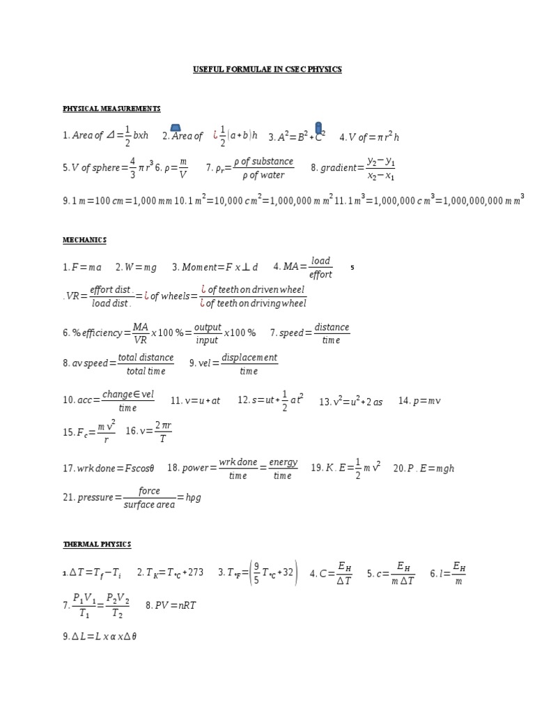CSEC Physics Formula Sheet | PDF | Chemistry | Physical Quantities