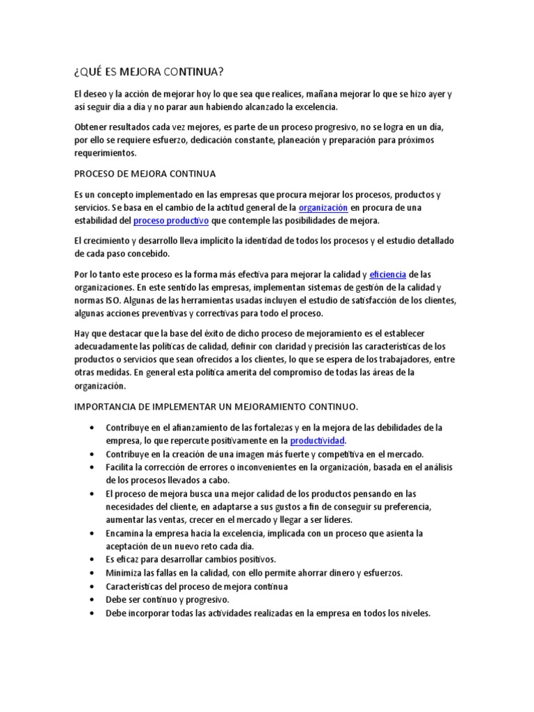 Concepto y Proceso de Mejora Continua | PDF | Calidad (comercial ...