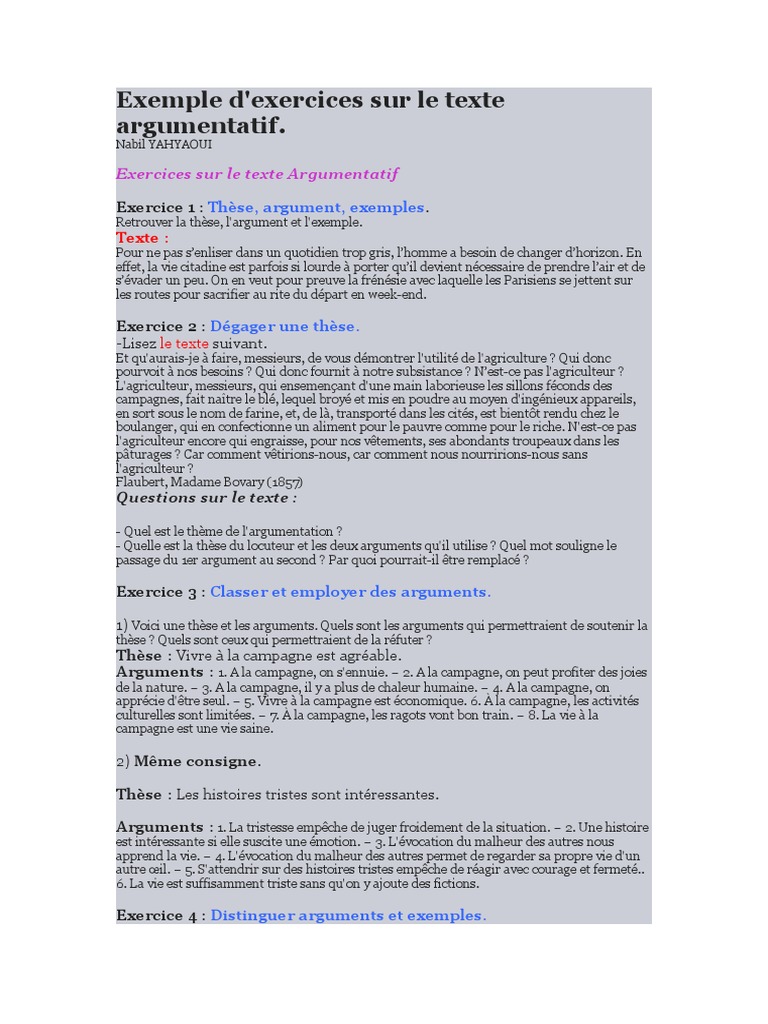 Exemple D Exercices Sur Le Texte Argumentatif Pdf Cours Exercices Examens