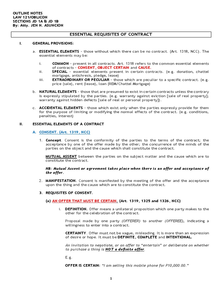 Essential Requisites of Contract Consent, Object Certain Cause PDF