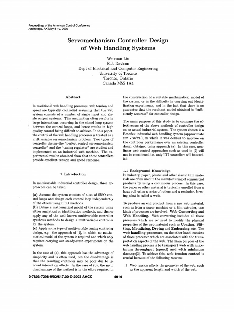 Servomechanism Controller Design of  Handling Systems PDF