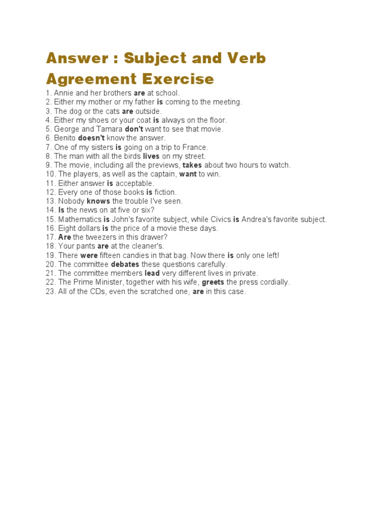 Answer: Subject and Verb Agreement Exercise | PDF