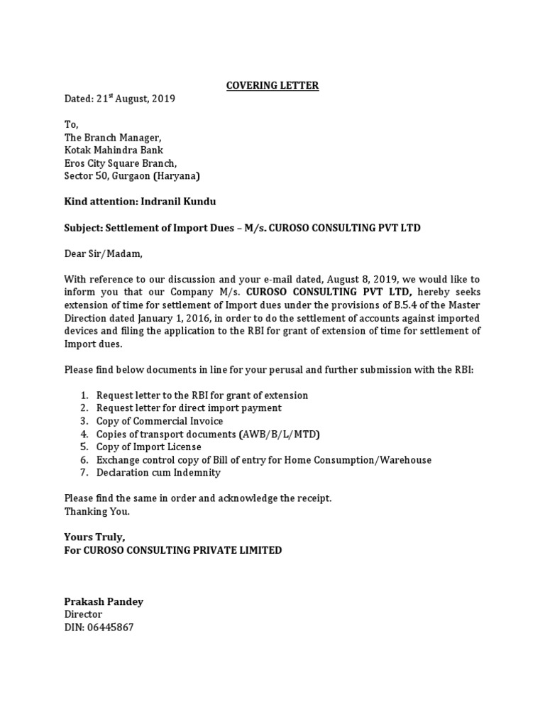 cover letter to bank for submission of documents