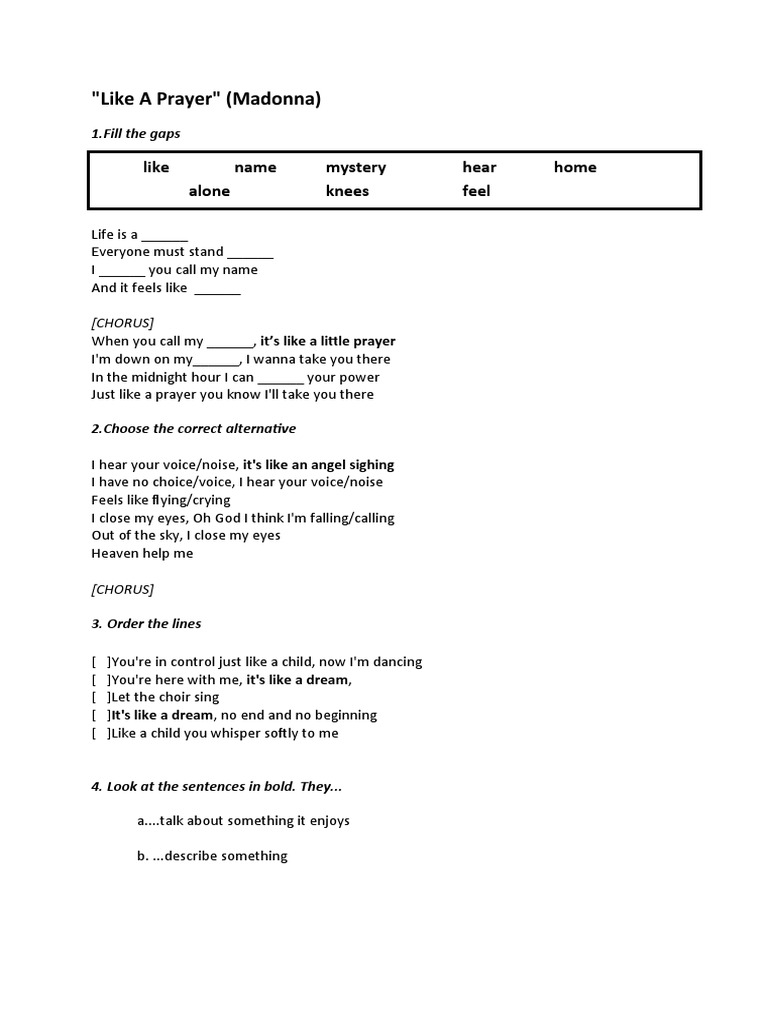 "Like A Prayer" (Madonna) Like Name Mystery Hear Home Alone Knees Feel PDF