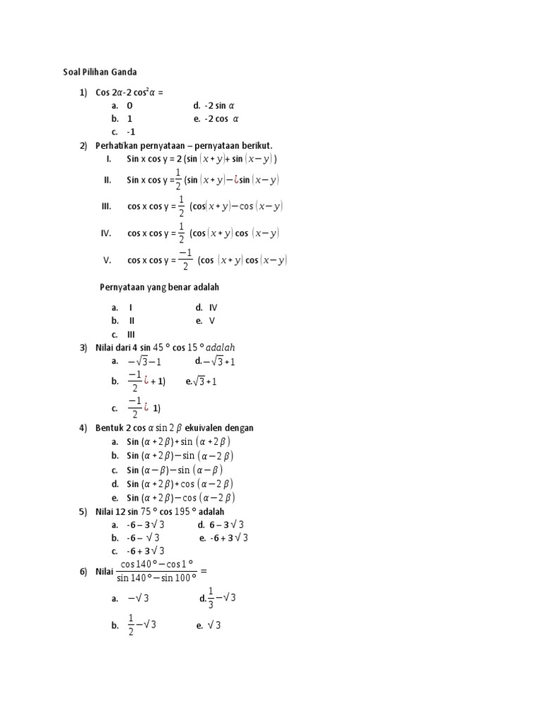 Nilai Cos 75 Cos 15 Adalah