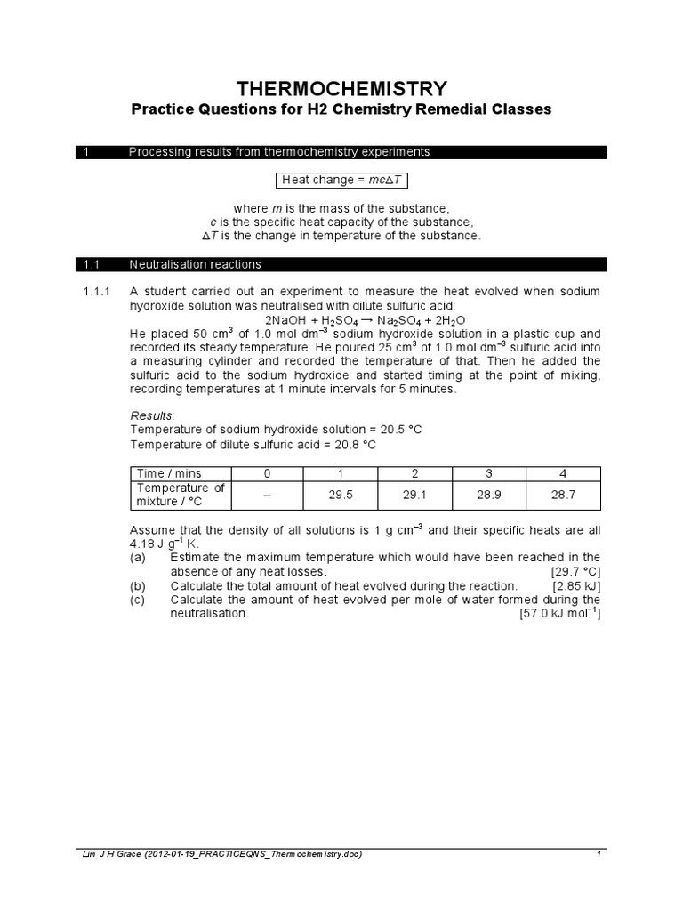 Thermochemistry Practice Questions For H2 Chemistry Remedial Classes