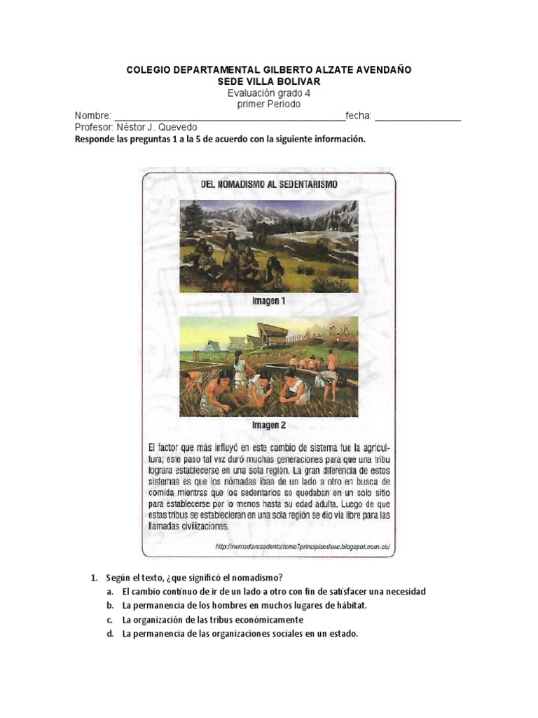 Evaluacion de Sociales Grado 4 | PDF | Nómada | Colombia