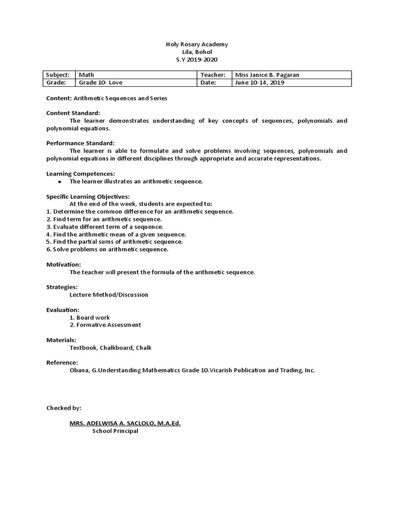 Arithmetic Sequences for Grade 10 | PDF