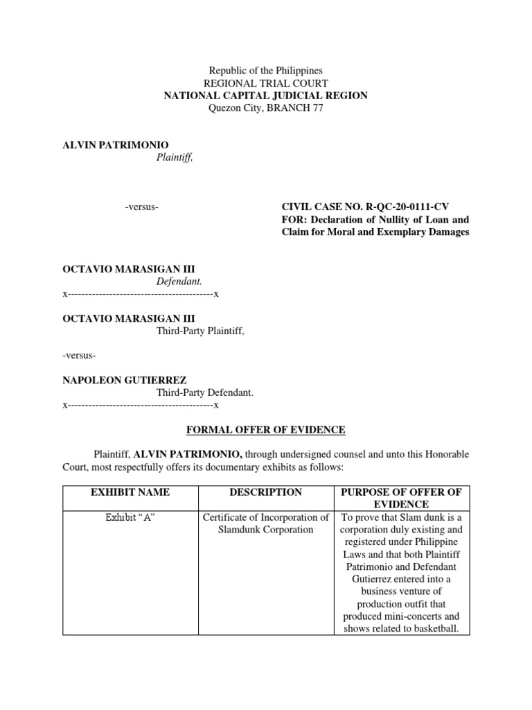 Formal Offer of Evidence by Plaintiff With Annexes PDF | PDF ...