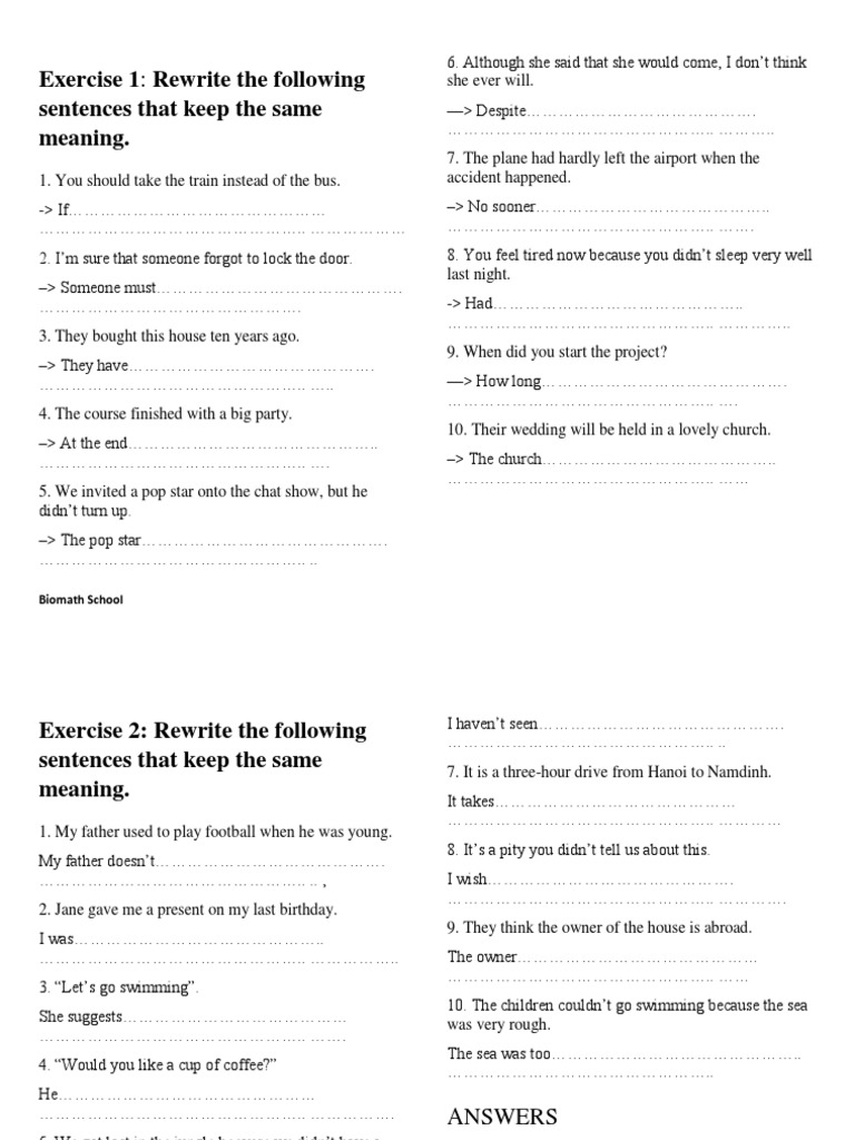 Rewriting Sentences Exercises with Answers | PDF | Games & Activities ...