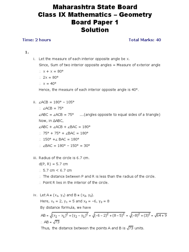 Class IX Geometry Board Paper Solutions | PDF | Triangle | Circle