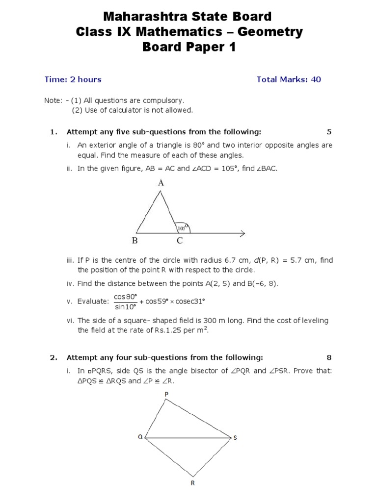 Class 9 Maharashtra Board Maths Paper | PDF | Circle | Angle