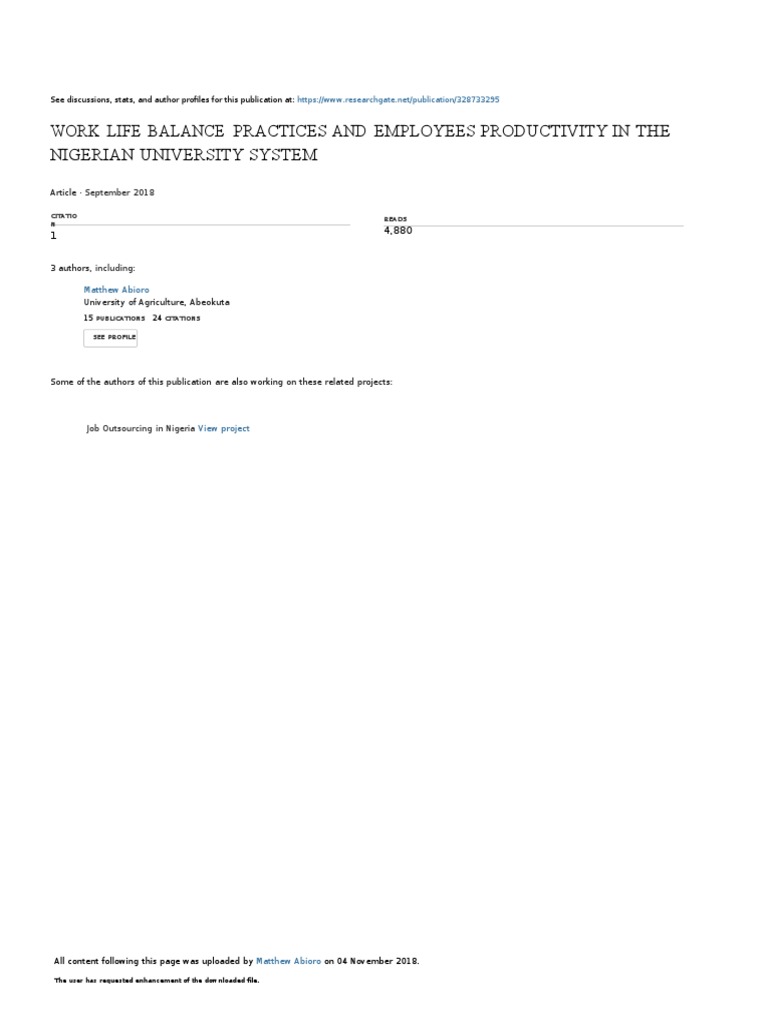 Work Life Balance Practices and Employees Productivity in The Nigerian ...