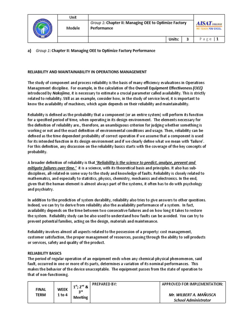 Performance Units: 3 A) : Group 1: Chapter II: Managing OEE To Optimize ...