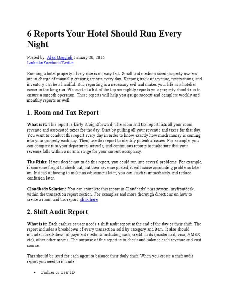6 Reports Your Hotel Should Run Every Night | PDF | Payments | Taxes
