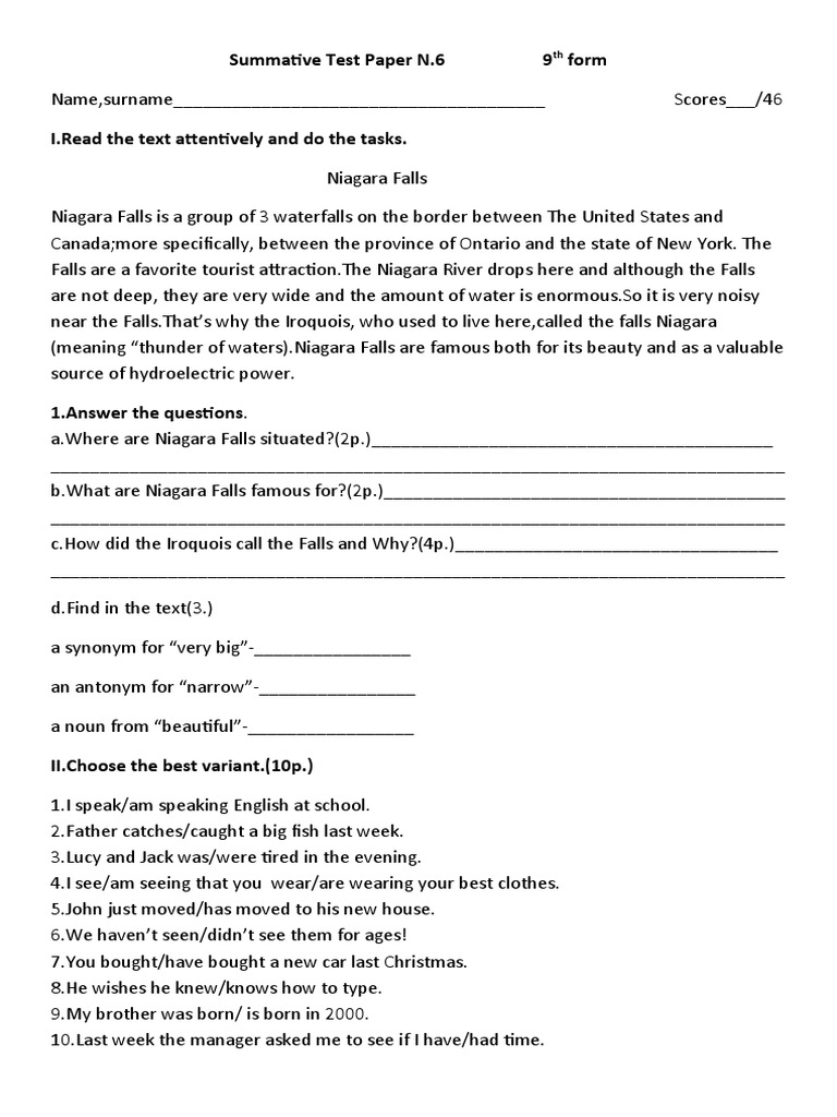 9th Grade Summative Test on Niagara Falls | PDF | Home & Garden ...
