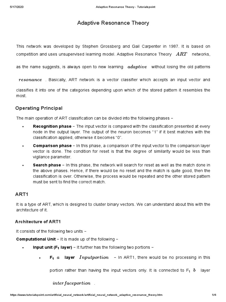 Adaptive Resonance Theory Tutorialspoint PDF Artificial