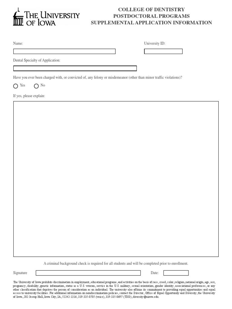 College of Dentistry Postdoctoral Programs Supplemental Application