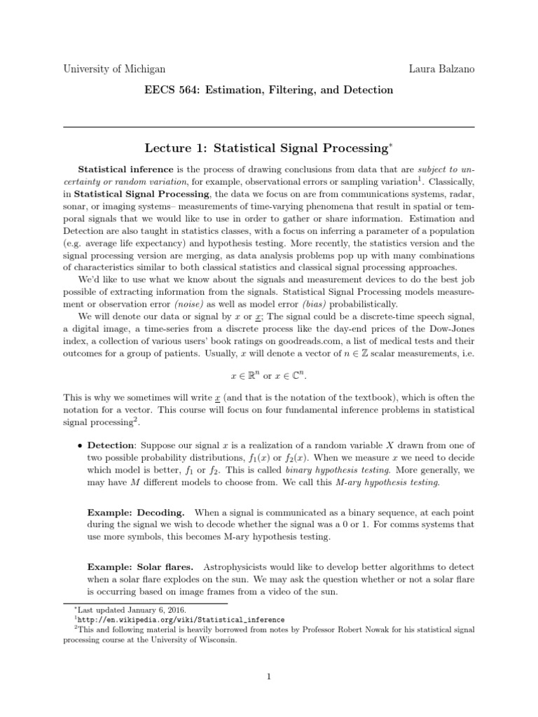 Lecture 1 Statistical Signal Processing PDF Estimation Theory Statistics