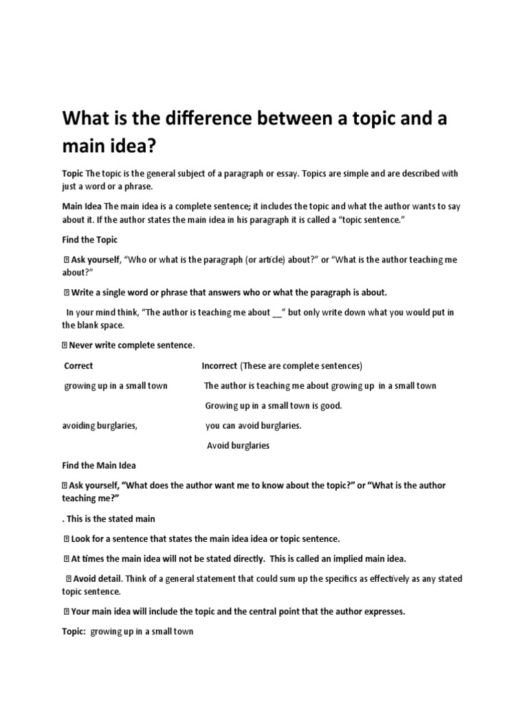 Topic vs. Main Idea Explained | PDF | Idea | Sentence (Linguistics)